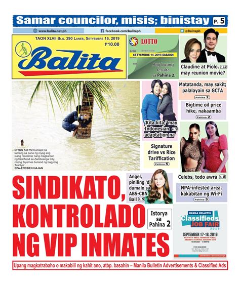 Balita September 16 2019 Newspaper Get Your Digital Subscription