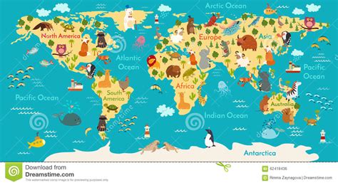 Animals World Map Stock Vector Illustration Of Drawn 62418436