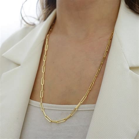 Paperclip Chain Gold Necklace Long Link Chain 14k Gold Flashy