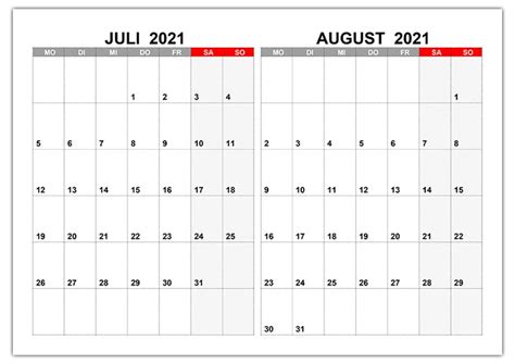 Kalender Für Juli August 2021 Kalendersu