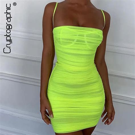 Cryptographic Hot Neon Green Spaghetti Strap Dress Women 2019 Summer Sexy Sheer Backless Bodycon