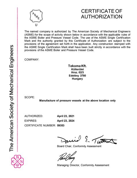 Certificate Of Authorization U Marking Cryonorm