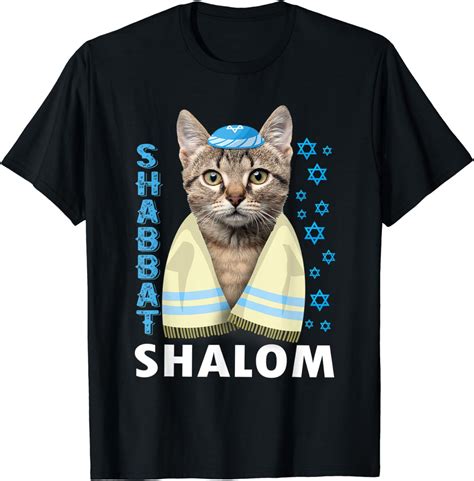 Funny Jewish Shabbat Shalom Cute Cat With Kippah T Shirt Uk