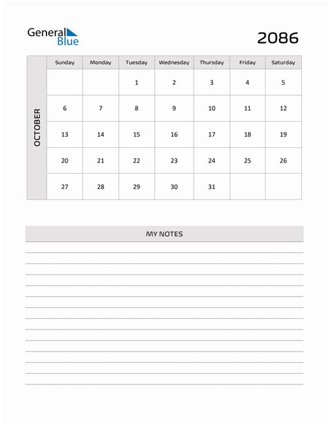 October 2086 Printable Monthly Calendar With Notes