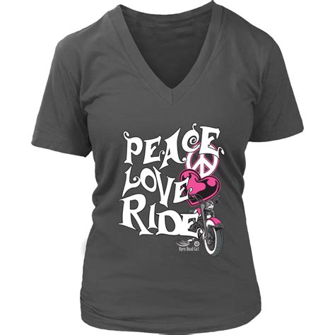 Pink Peace Love Ride Womens V Neck Shirt