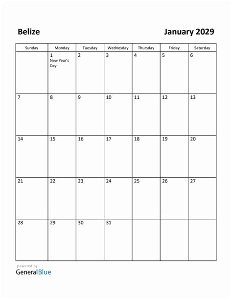Free Printable January 2029 Calendar For Belize