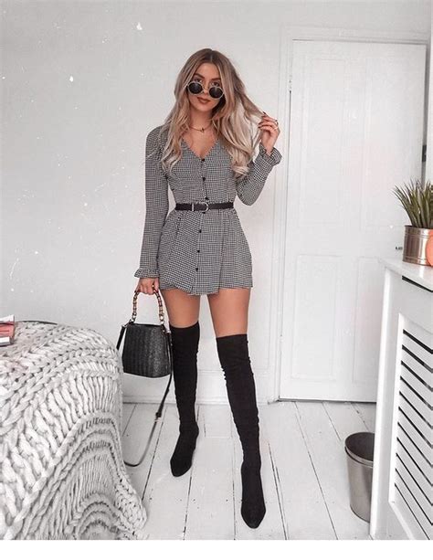 Grey Dress Long Black Boots Chicladies Uk In 2020 Fashion Casual Outfits Top Outfits