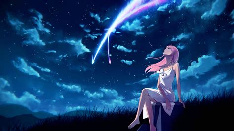 Darling In The Franxx Zero Two Sitting Near Field Seeing Lighting On The Sky With Background Of
