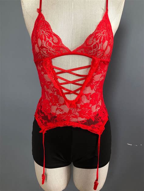 80s red lace teddy with garters red sexy negligee sheer etsy