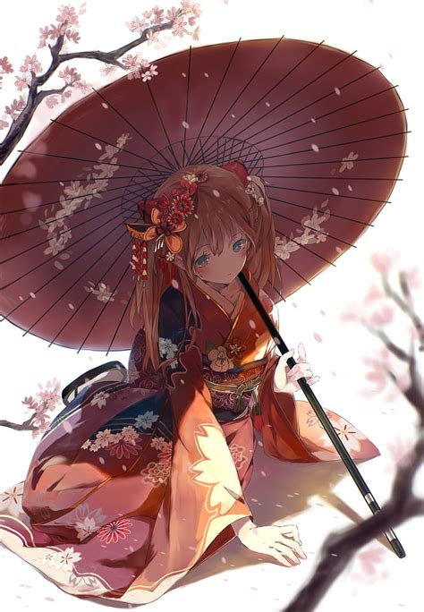 hd wallpaper cherry blossom miko anime girls japanese kimono bow red eyes wallpaper flare