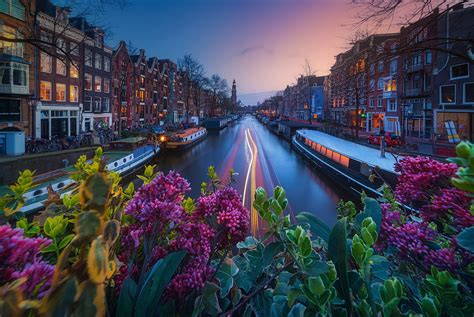 4k 5k keizersgracht netherlands amsterdam bridges houses evening canal street lights