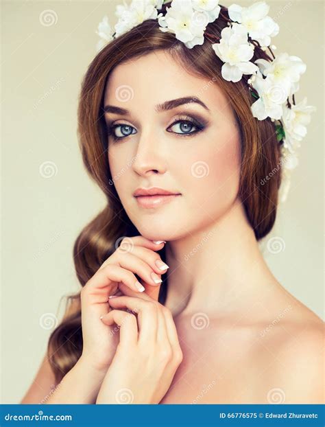 beautiful girl with a wreath of flowers on her head stock image image of hydration happy