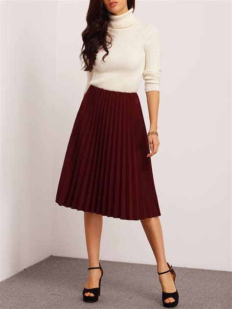 Burgundy Pleated Midi Skirt Sheinsheinside