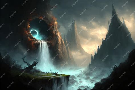 Premium Ai Image Painting Of A Waterfall In Cave With Black Hole The