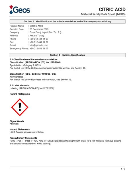 Citric Acid Msds En Pdf Toxicity Personal Protective Equipment