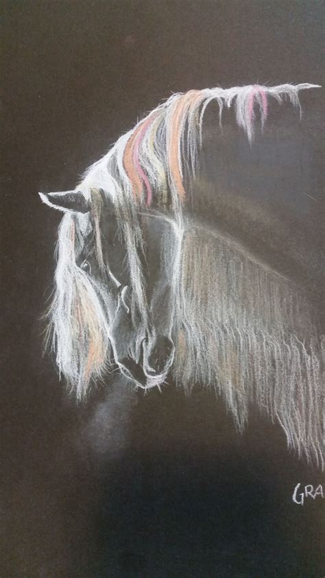 Dark Horse White Charcoal And Chalk Pastel On Black Sketch Paper