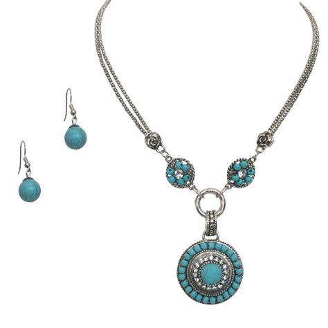 Silvertone Simulated Turquoise Pendant Necklace Earring Jewelry Set For