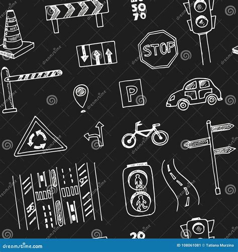 Hand Drawn Doodle Traffic Seamless Pattern Stock Vector Illustration