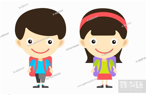 Vector Cute Cartoon Boy And Girl With School Uniform Isolated On White