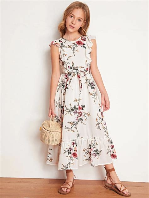 Girls Ruffle Hem Belted Floral Print Dress Shein Usa In 2021 Girls Dresses Sewing Girls