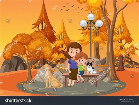 Park Scene Sunset Time Mother Daughter Stock Vector Royalty Free