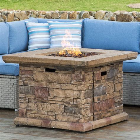 COSIEST Outdoor Propane Fire Pit Table w Faux Brown Ledgestone 35-inch