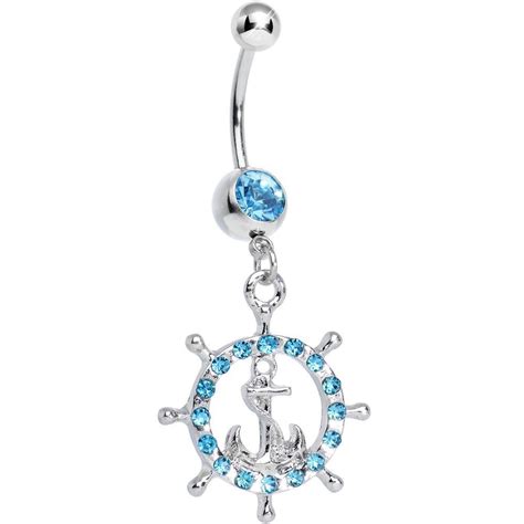 Aqua Gem Paved Glam Ship Wheel And Anchor Dangle Belly Ring Belly