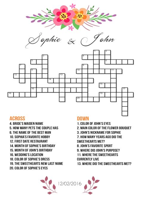 Custom Printable Wedding Crossword Puzzle Whitewoodkraft Etsy