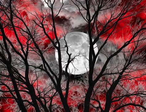 Black White Red Wall Art Tree Moon Decor Red Gray Home Etsy