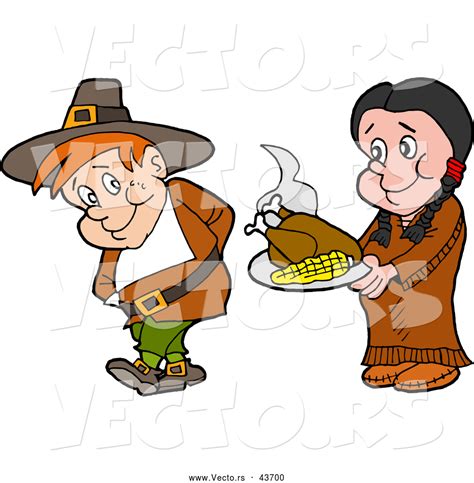 vector of a native american cartoon woman offering a pilgrim thanksgiving turkey and corn by