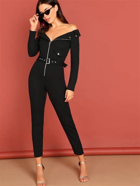 shein zip detail self belted utility jumpsuit sexy jumpsuits jumpsuit party clothes for women