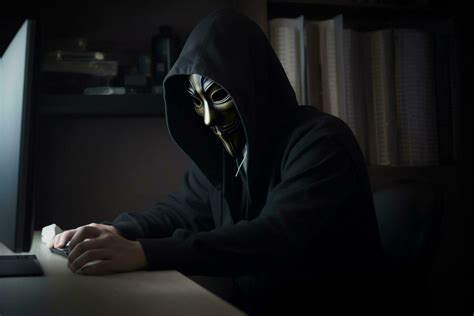 Anonymous Hacker With Hood And Mask Sitting Next To Computer Generative