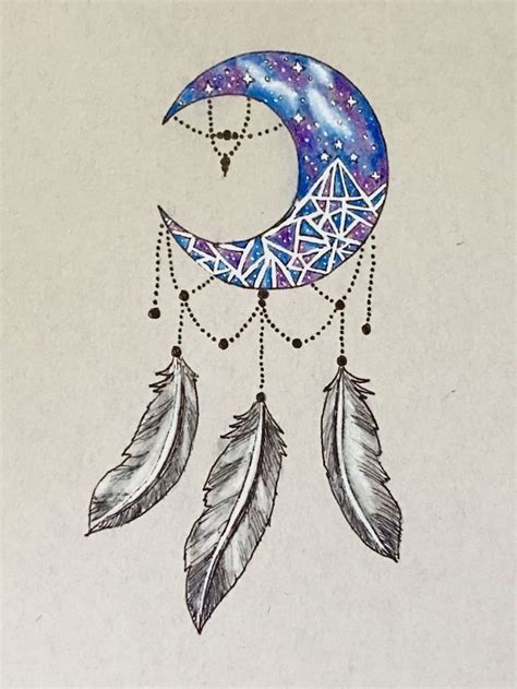 Watercolor Crescent Moon Blue Purple Dream Catcher Tattoo On Thigh Drawing White Background