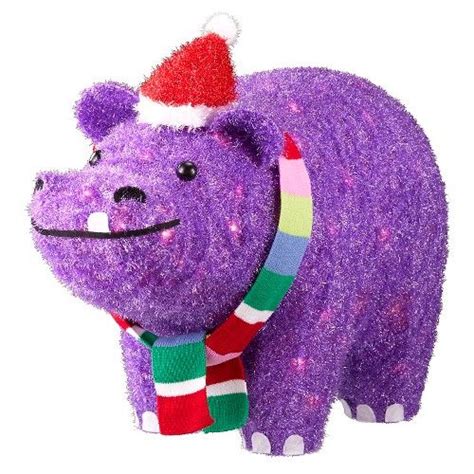 2175 Tinsel Glitter Lit Purple Hippo In Santa Hat Wondershop Clear