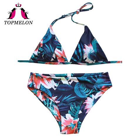 Topmelon Bikini 2018 Sexy Women Micro Bikini Halter Floral Push Up Sexy