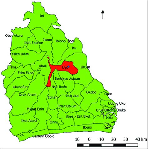 Map Of Akwa Ibom State Nigeria Showing Uyo Local Government Area Red