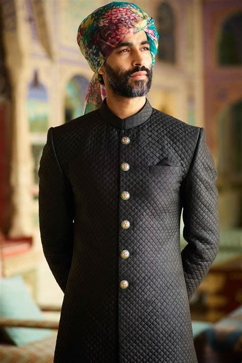 Sabyasachis Afghan Black Quilted Silk Sherwani Wedding Dress Men