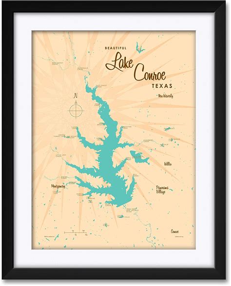 Lake Conroe Map Professionally Framed And Matted Art Print