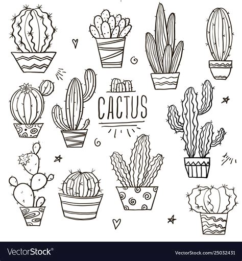 Set Doodle Cacti Royalty Free Vector Image Vectorstock