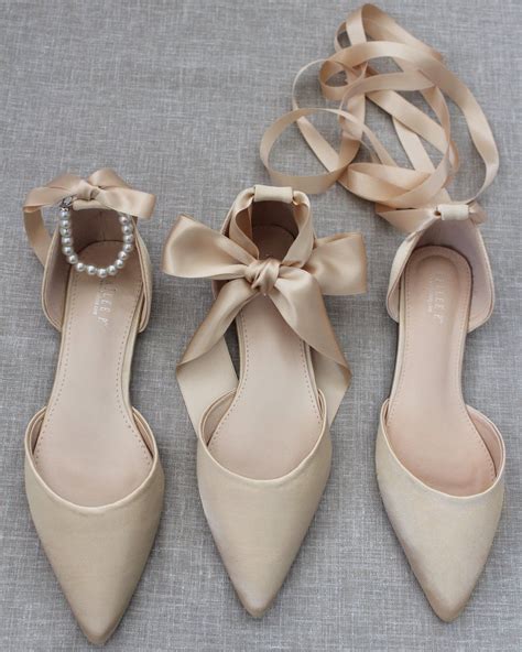 Champagne Satin Pointy Toe Flats With Satin Ankle Tie Or Ballerina Lace