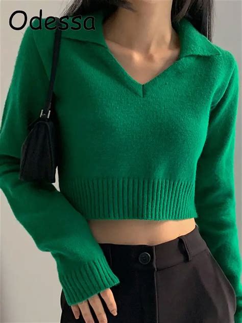 Odessa Knitted Long Sleeve V Neck Cropped Bodycon Women T Shirt 2021 Autumn Winter Fashion