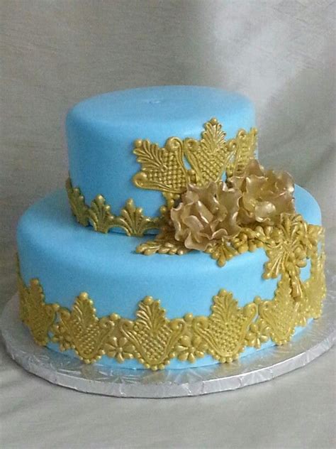 The Cakebox Bahamas Light Teal And Gold Lace Fondant Finished 2 Tier
