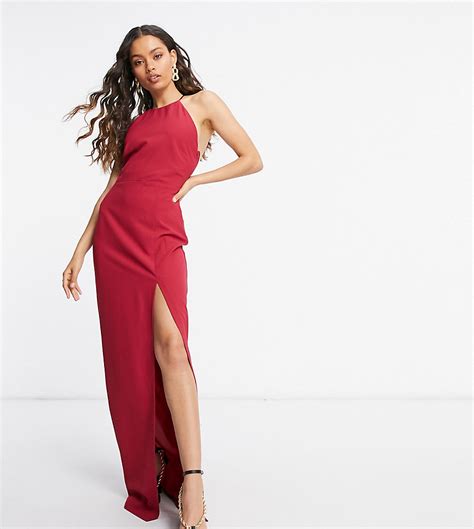 Vesper Petite Halterneck Maxi Dress With Thigh Split In Deep Raspberry