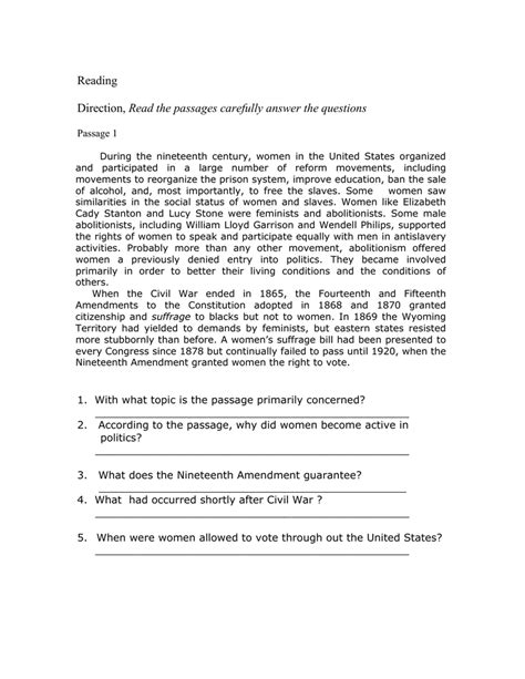5 or 6 questions per passage; Reading Read the passages carefully answer the questions Passage 1