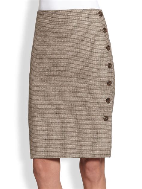 Akris Plaid Sidebutton Pencil Skirt In Brown Lyst