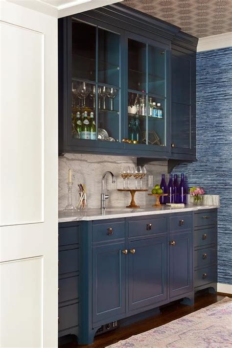 Blue Wet Bar Cabinets With Brass Hardware Transitional Kitchen