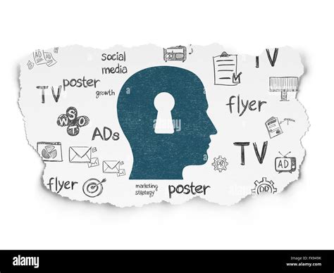 Advertising Concept Head With Keyhole On Torn Paper Background Stock