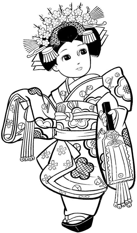 chica japonesa en kimono para colorear imprimir e dibujar pdmrea