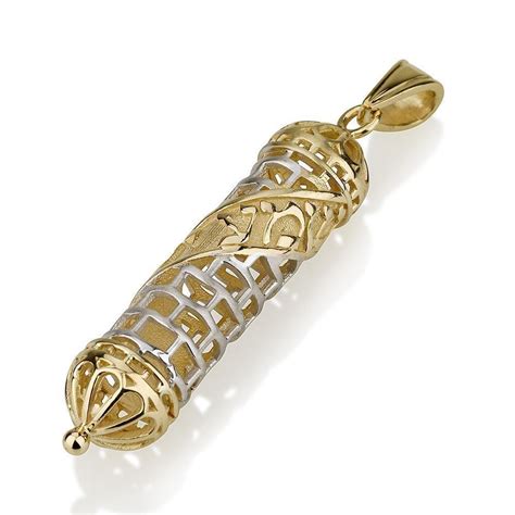 Mezuzah Pendant In Two Tone Gold With Shema