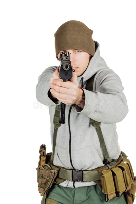Rebel Or Private Military Contractor Holding Black Gun War Arm Stock